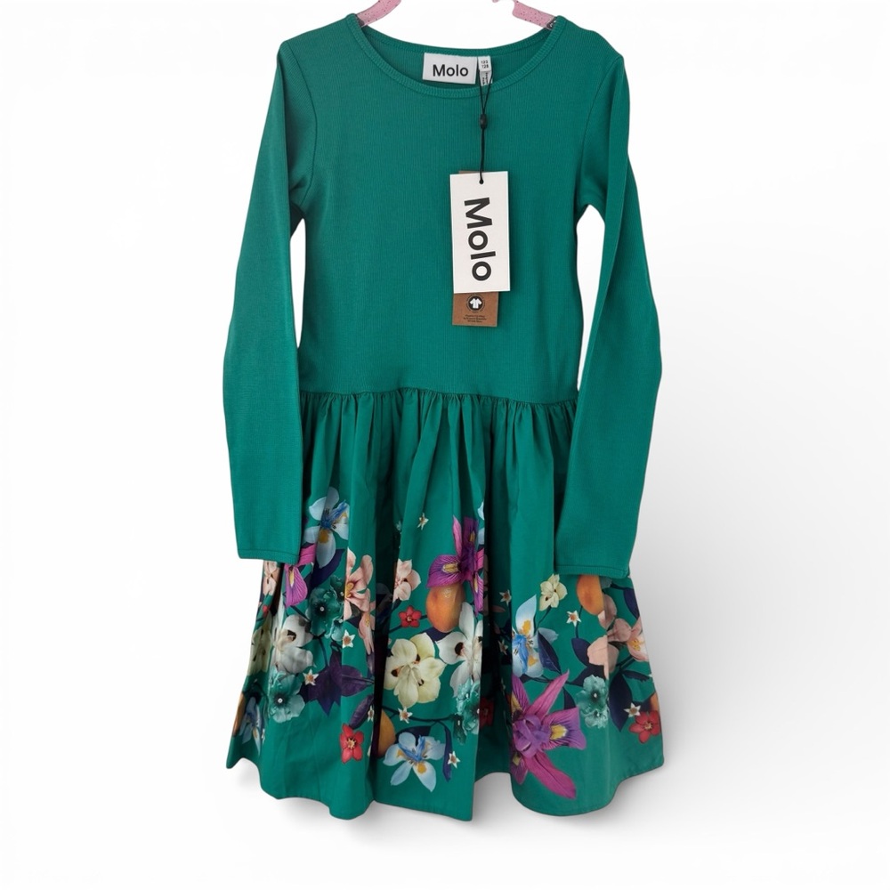 Molo Casie Dress Colorful Garden Floral Long Sleeve Green Girls 7/8 NWT Organic